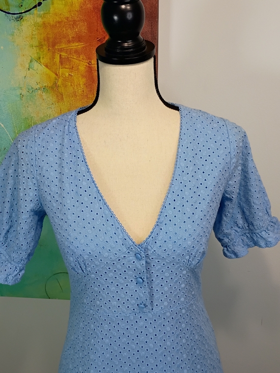 Lulus Light Blue Eyelet Lace V-Neck Midi Dress - Picture 2 of 4